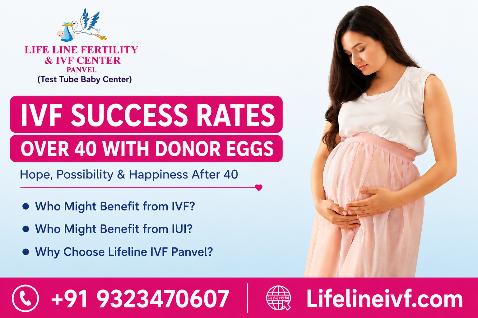 Promotional banner for Lifeline Fertility & IVF Center Panvel featuring a pregnant woman and the headline "IVF Success Rates Over 40 With Donor Eggs," with three questions about IVF benefits, IUI, and choosing Lifeline IVF, along with contact number and website.
