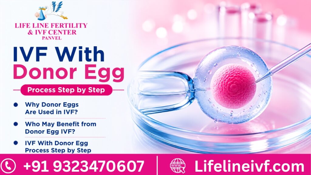 Illustration of the IVF with donor egg process showing an egg being fertilized through ICSI, highlighting why donor eggs are used, who can benefit, and the step-by-step IVF treatment process at Lifeline Fertility & IVF Center Panvel.