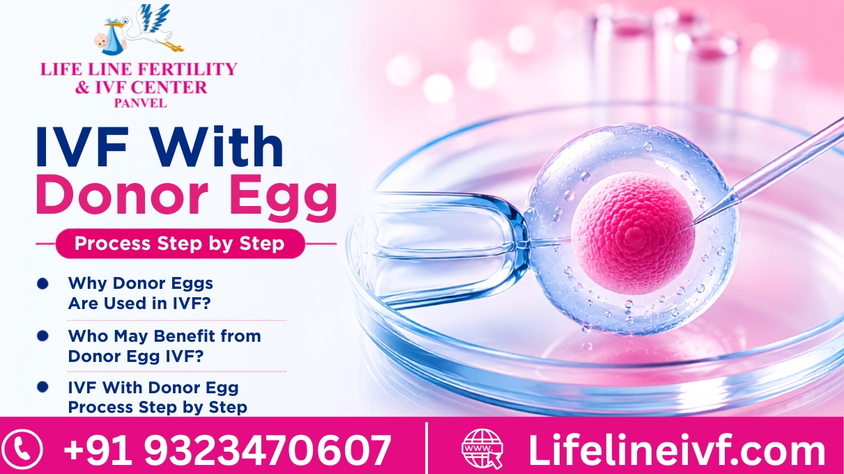 Illustration of the IVF with donor egg process showing an egg being fertilized through ICSI, highlighting why donor eggs are used, who can benefit, and the step-by-step IVF treatment process at Lifeline Fertility & IVF Center Panvel.